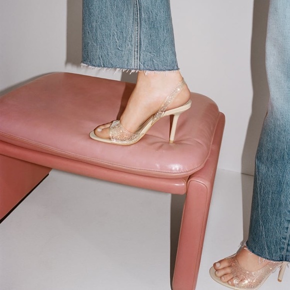 Zara Off White Rhinestone Heeled Vinyl Sandals - Picture 6 of 10